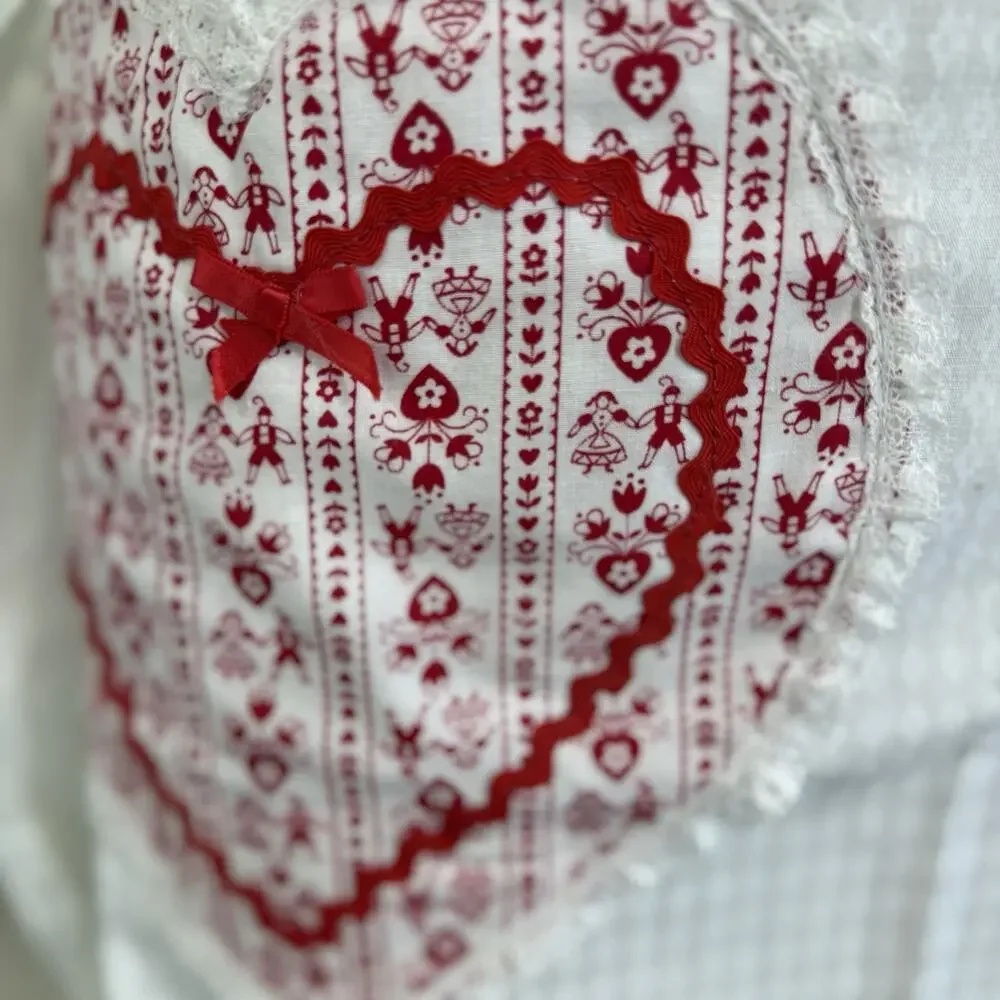 Vintage White Half Apron Red Heart Applique Rick Rack Cottagecore Valentine’s